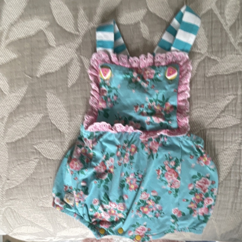 Wild Flowers Floral Striped Romper Sleeveless Ruffle Accents 18M Blue/Pink